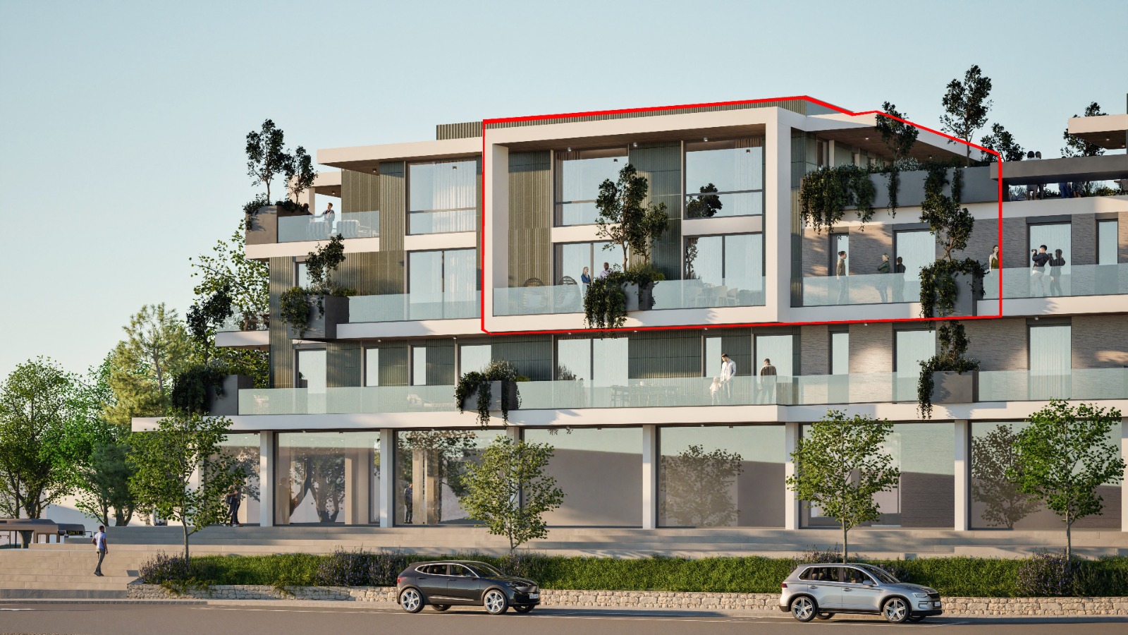 Residenza Terramaris — unità 5C evidenziata in rosso sulla facciata della palazzina