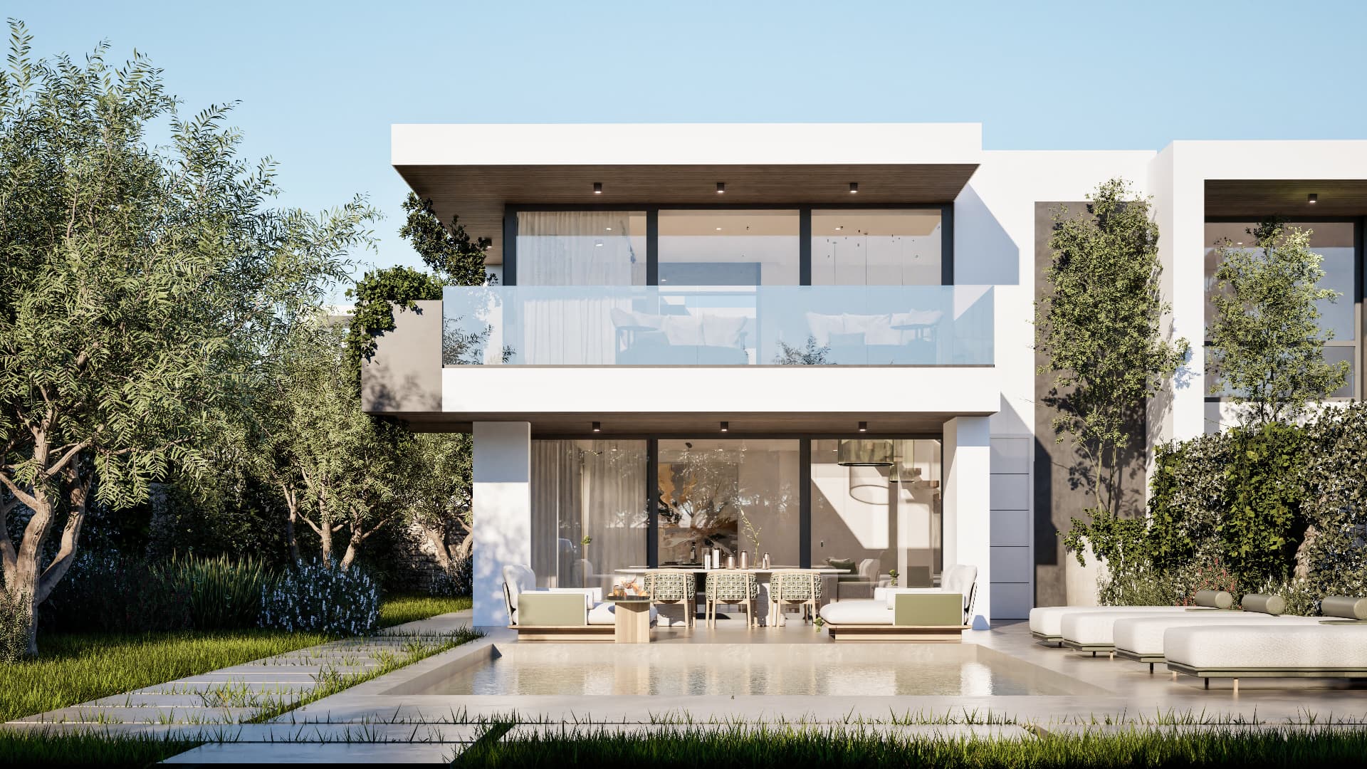 Villa 1.5b — prospetto principale con piscina e zona pranzo all'aperto