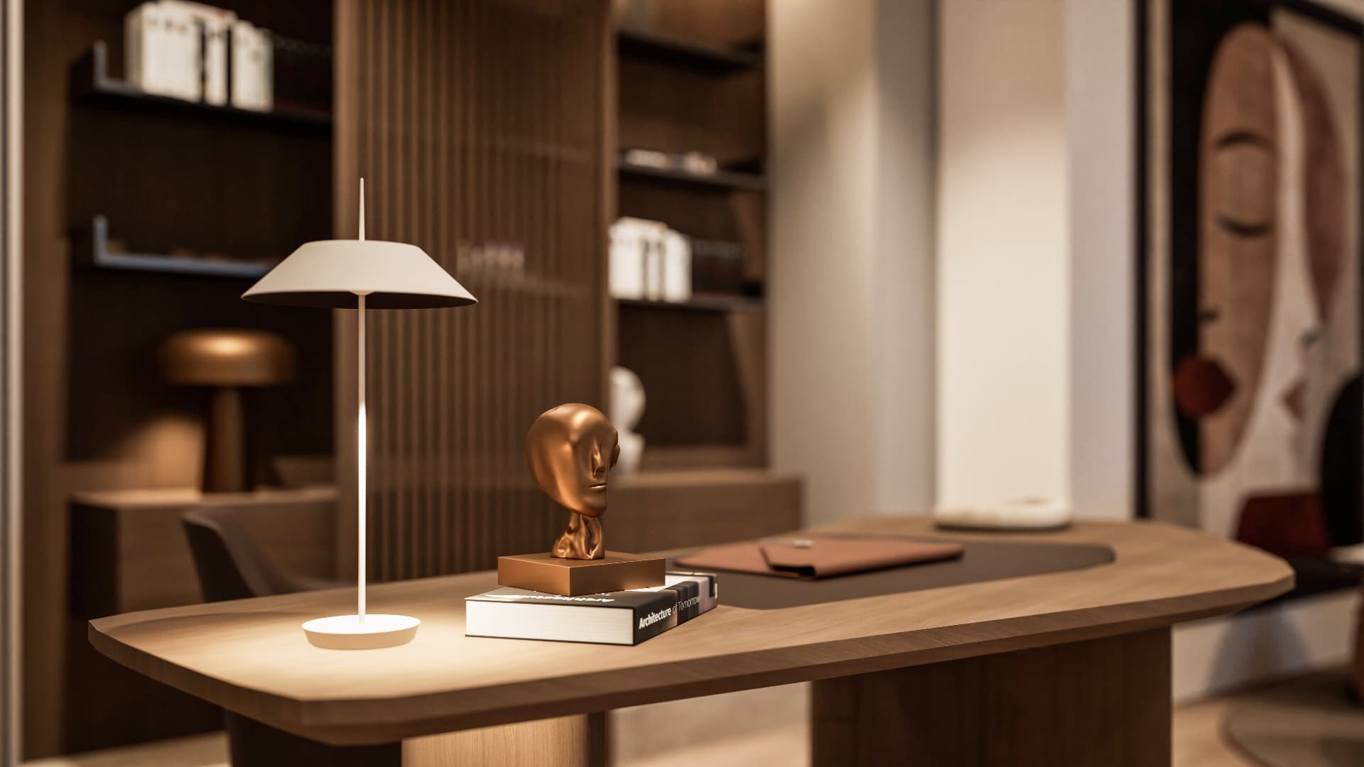 Attico Terramaris — dettaglio scrivania con lampada e libreria