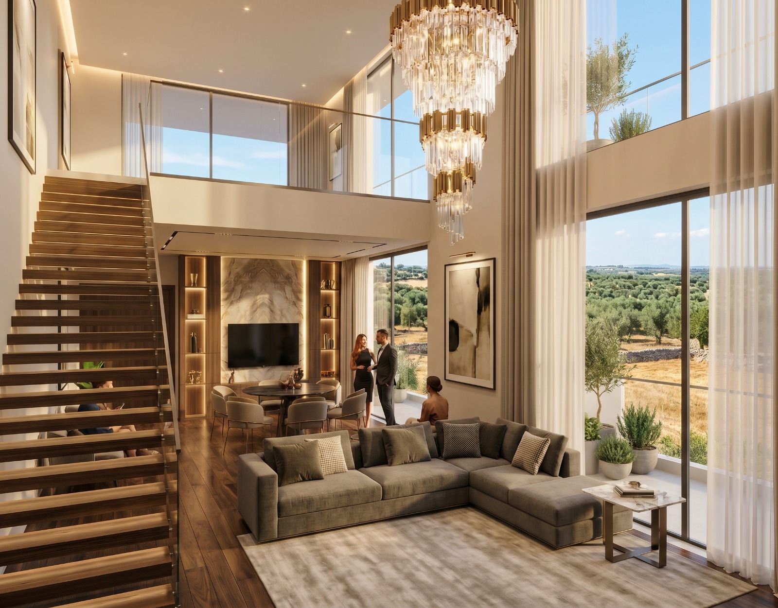 Attico 5C — living a doppio volume con soppalco, scala in legno e lampadario