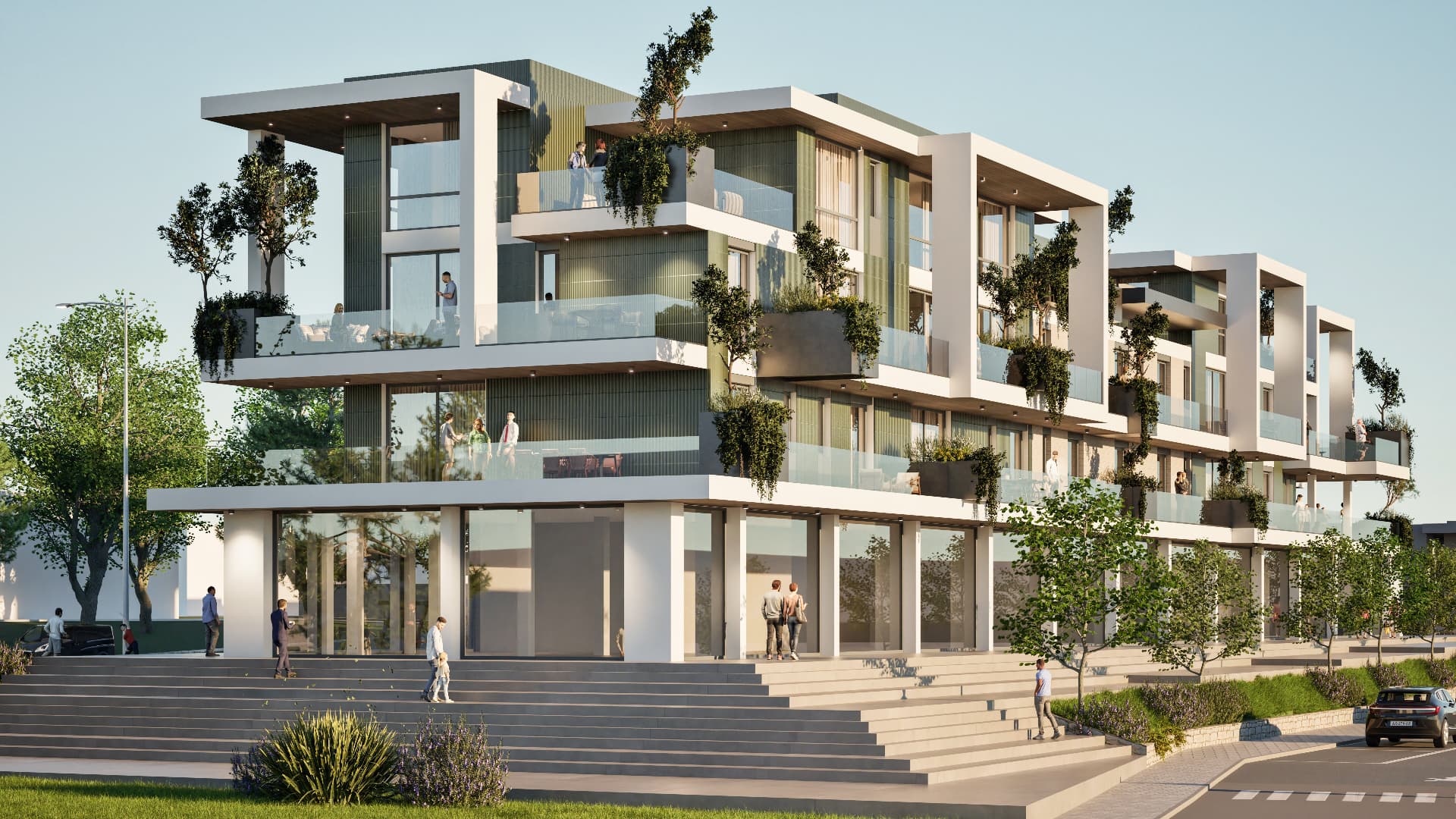 Terramaris — prospetto della palazzina con terrazze e verde