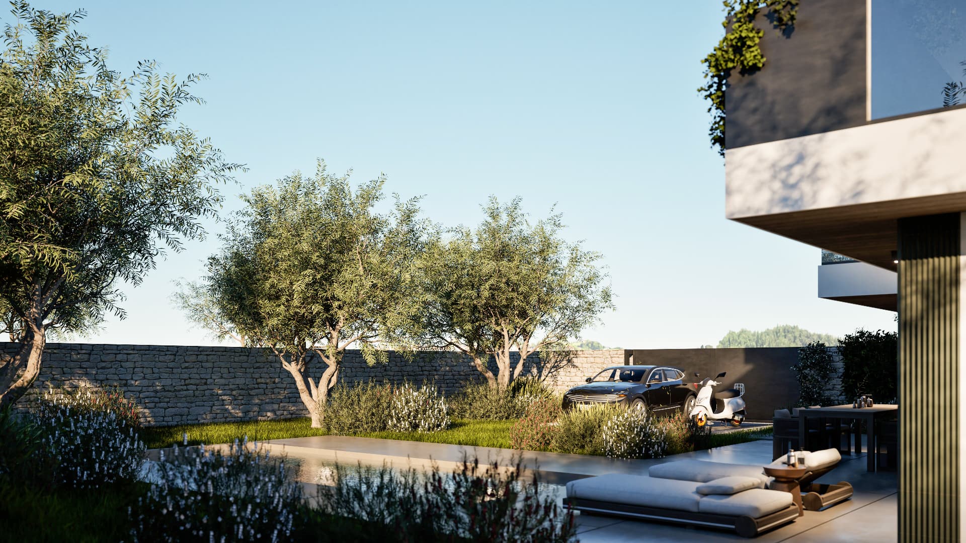 Villa Terramaris — giardino con ulivi e posto auto privato