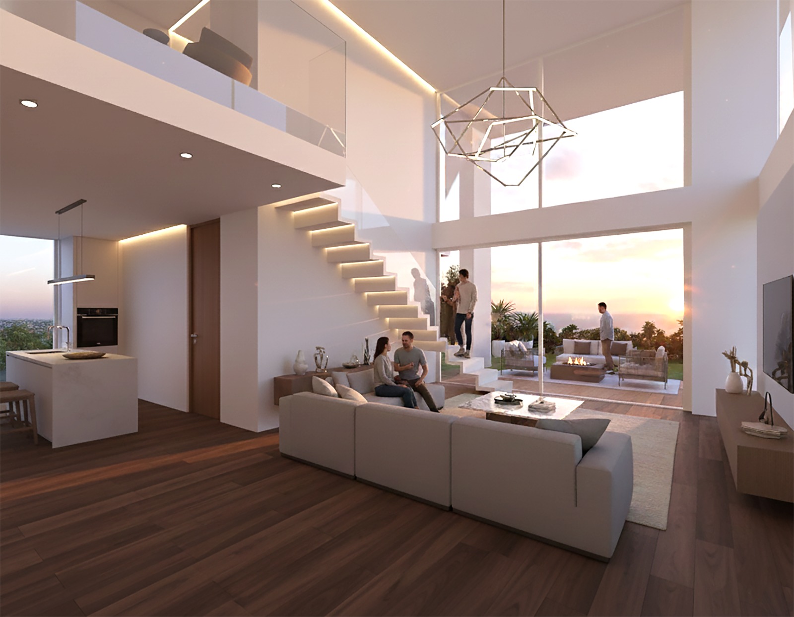 Attico 6C — soggiorno a doppia altezza con cucina a vista, parquet e vetrate sulla terrazza