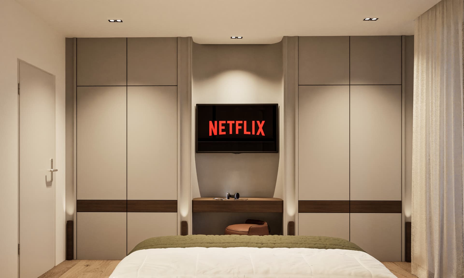 Attico Terramaris — camera da letto con boiserie e TV